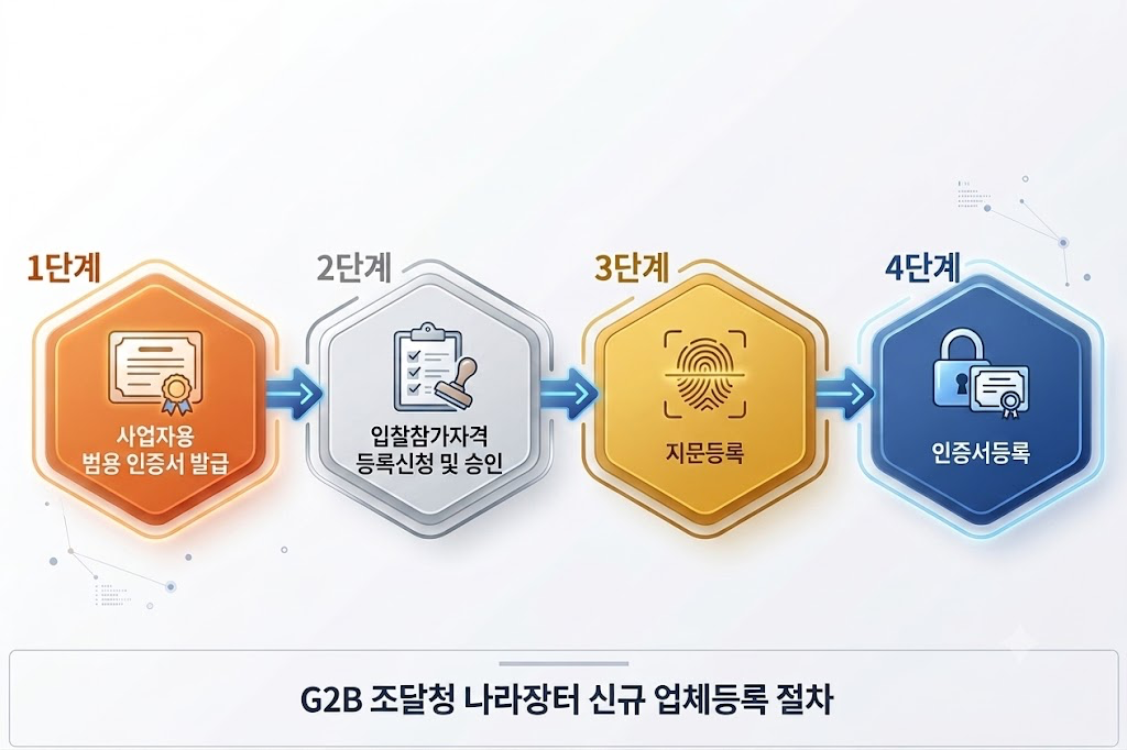 G2B 조달청 나라장터 신규 업체등록 절차 — 사업자 인증서 발급, 입찰참가자격 등록, 지문등록, 인증서등록 4단계