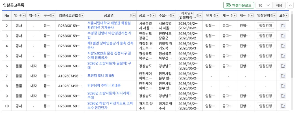 나라장터 입찰정보 공고 목록